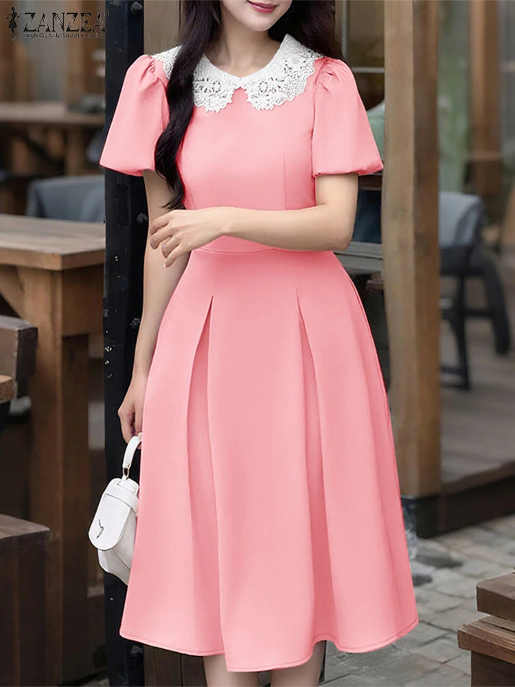 025 ZANZEA Vestido Feminino Estiloso para Festa – Vestido Elegante de Verão com Manga Bufante Curta, Modelo para Trabalho/Escritório, Vestido Plissado, Sundress Midi em Linha A.