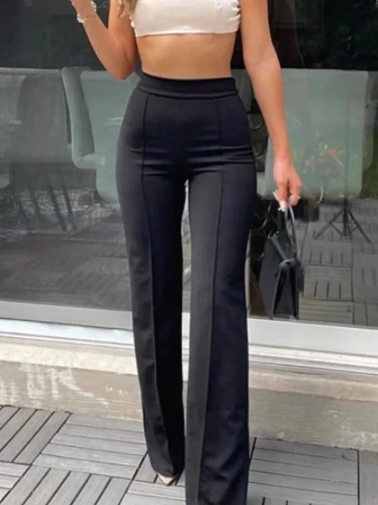 Calça Feminina Casual – Cintura Alta, Pernas Flare, Office Elegante, Longa, Primavera/Verão, Moda Feminina