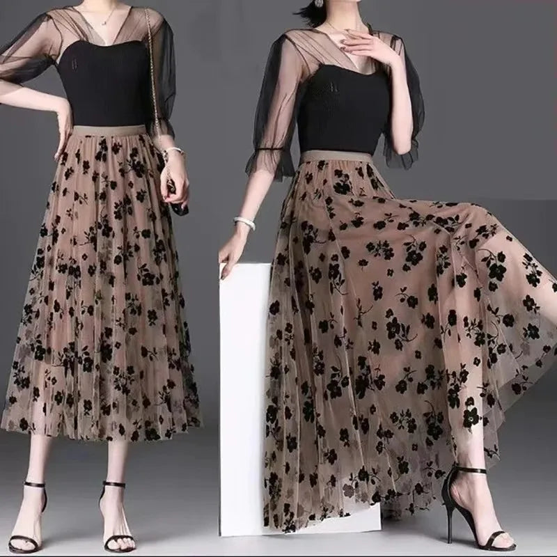 Saia de Gaze Floral – Estilo Meia Fada, Primavera/Verão