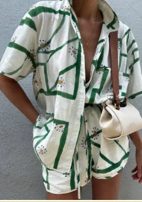 Conjunto Feminino 2 Peças 2025 – Camisa de Botões + Shorts Pantalona Estampados