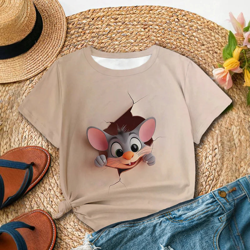 Camiseta Feminina de Verão – Estilo Fofo com Estampa de Ratinho, Manga Curta, Casual e Fashion