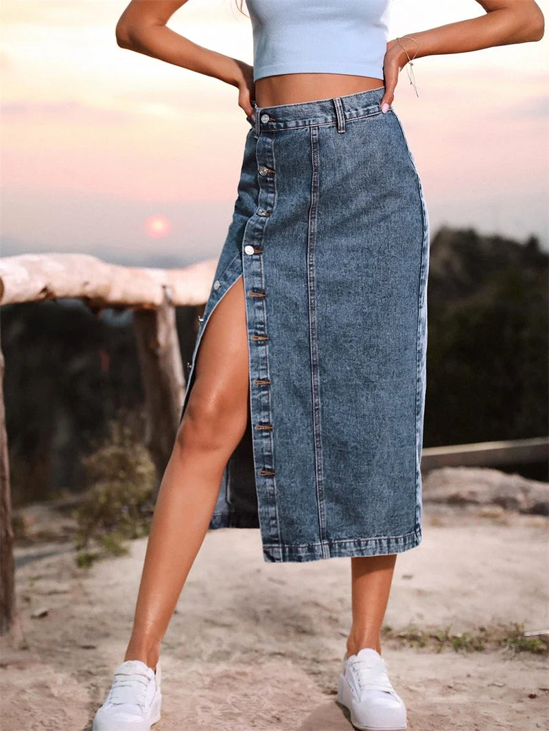 Saia Jeans Longa Feminina – Maxi, Vintage, Fenda Lateral