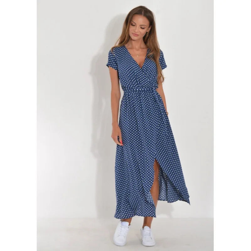 Vestido Feminino de Verão – Estampado, Decote em V, Cinto, Manga Curta, Saia Midi com Fenda e Renda