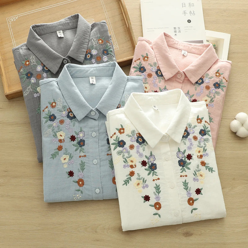 Blusa Feminina 100% Algodão – Bordado Floral, Cores Azul, Rosa e Cinza – Primavera