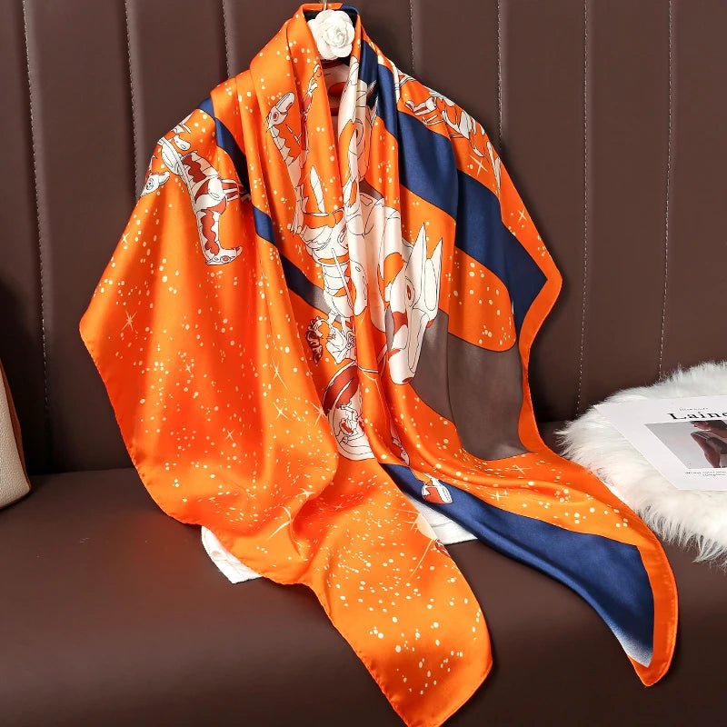 Lenço Grande de Seda 110cm – Echarpe Feminina Estampada, Hijab, Bandana, Foulard e Acessório de Praia