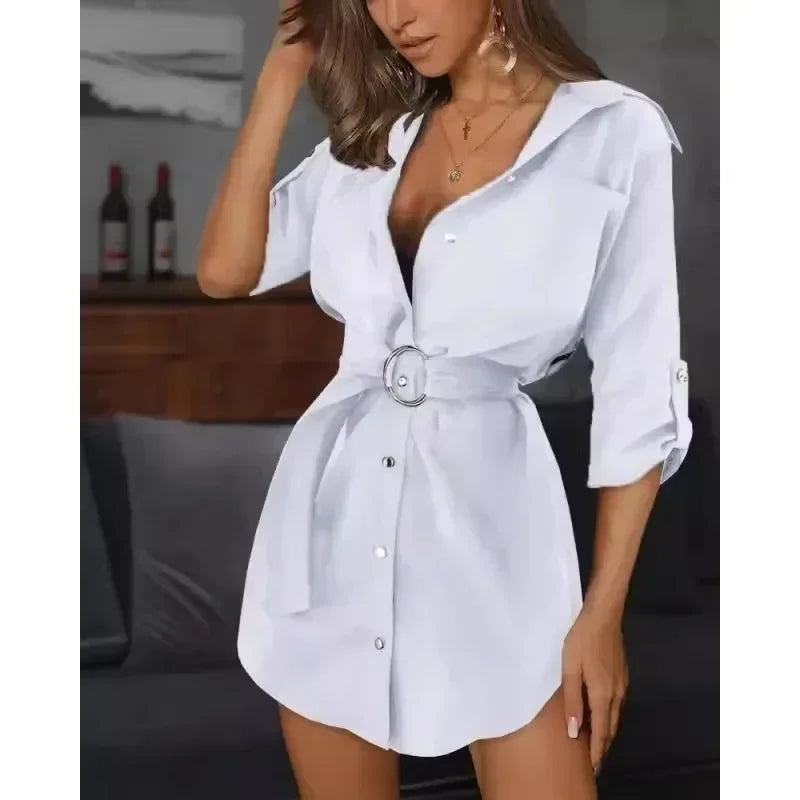 Vestido Camisa/Cardigan Feminino – Manga Dobrada, Amarração, Cor Lisa, Estilo Europeu e Americano