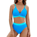 Conjunto de biquíni feminino 2 peças com top acolchoado e sem aro, ideal para conforto e suporte leve. Calcinha de cintura alta com efeito modelador de abdômen para um visual elegante e seguro.