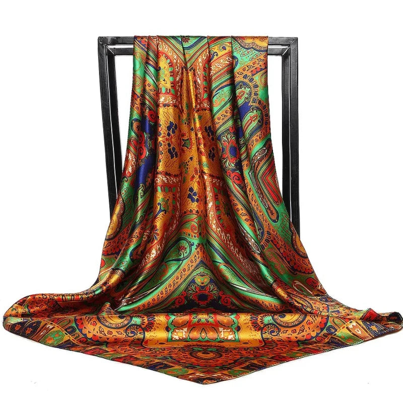 Lenço Quadrado Feminino 90x90cm – Cetim Toque de Seda, Estampado Fashion, Echarpe/Scarf/ Bandana de Luxo