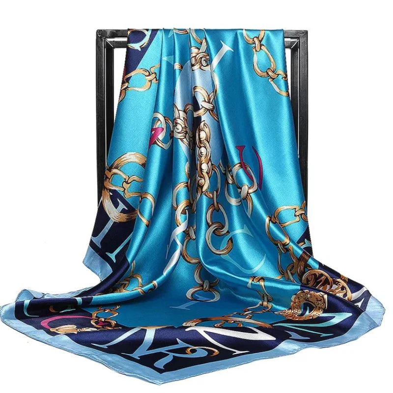 Lenço Quadrado Feminino 90x90cm – Cetim Toque de Seda, Estampado Fashion, Echarpe/Scarf/ Bandana de Luxo