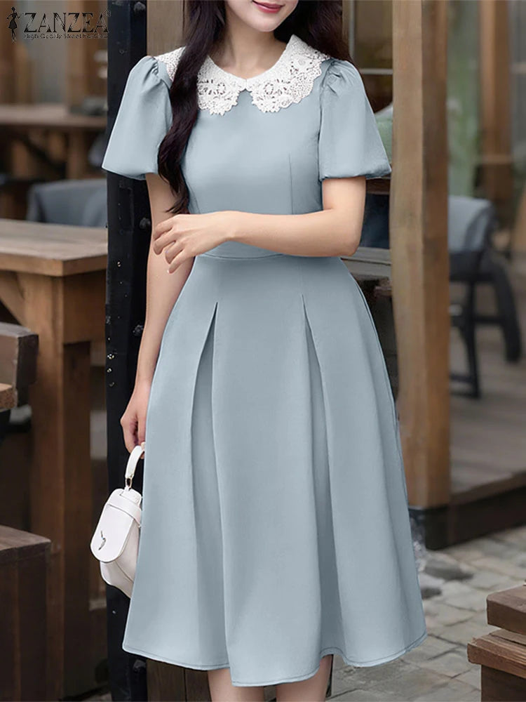 025 ZANZEA Vestido Feminino Estiloso para Festa – Vestido Elegante de Verão com Manga Bufante Curta, Modelo para Trabalho/Escritório, Vestido Plissado, Sundress Midi em Linha A.