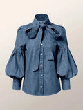 Blusa Feminina Outono Denim Imitation com Laço e Manga Bufante