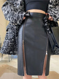 Saia Midi Feminina de Couro PU – Cintura Alta com Fendas Duplas e Zíper, Estilo Coreano