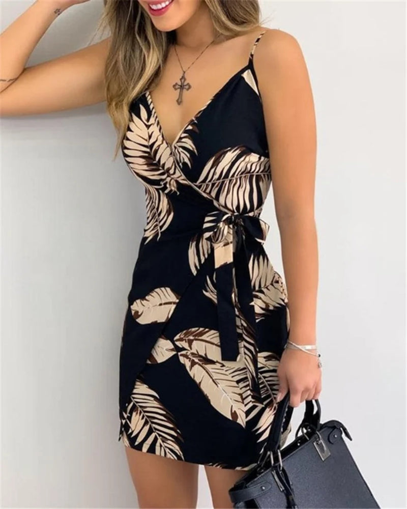 Vestido Bodycon Feminino com Alças Finas e Decote V – Ajuste Slim com Cinto de Cintura, Ideal para Festa e Cocktail de Verão
