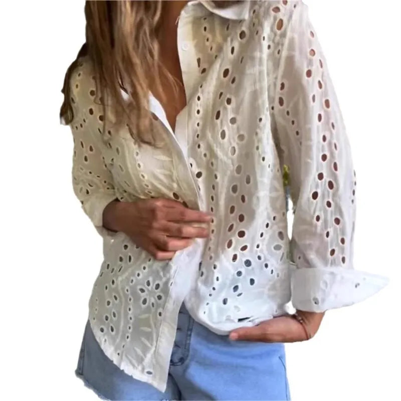 Blusa Feminina Fashion Primavera/Outono – Bordada, Vazada, Gola Clássica