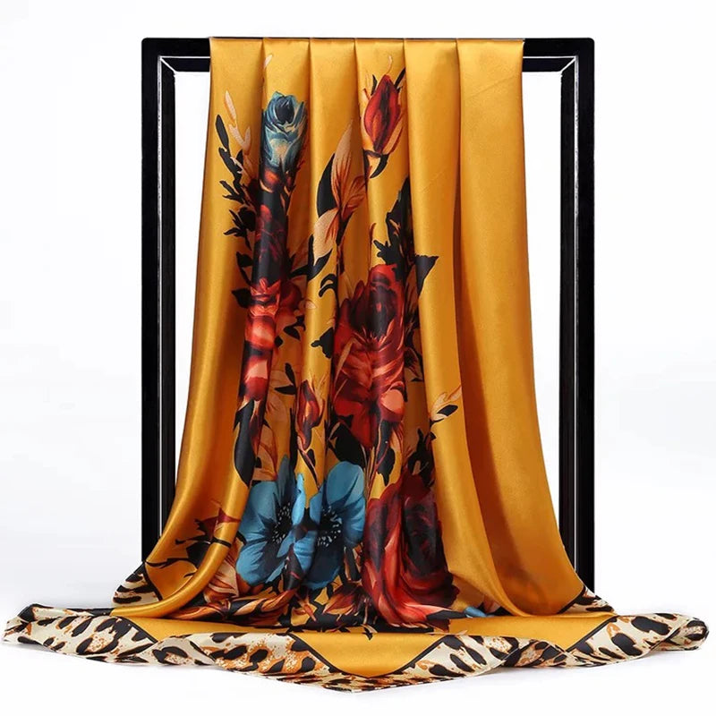Lenço Quadrado Feminino 90x90cm – Cetim Toque de Seda, Estampado Fashion, Echarpe/Scarf/ Bandana de Luxo
