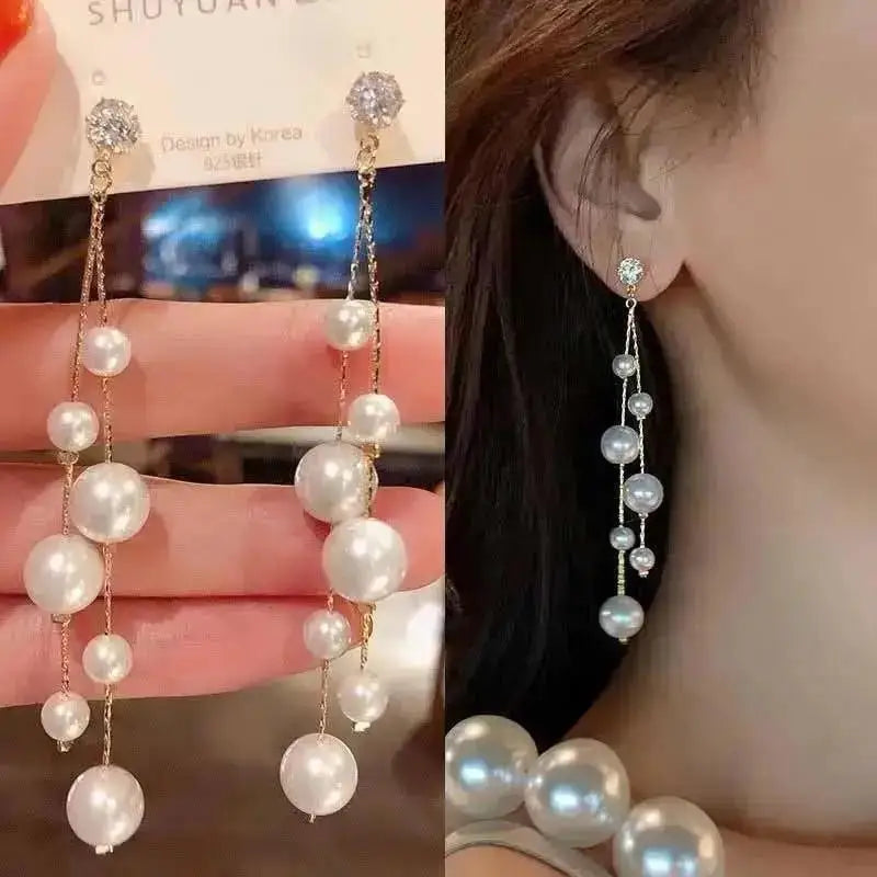 Elegantes brincos femininos com agulha em prata 925, pérolas delicadas e tassel moderno, com detalhes em zircônia. Tendência de moda coreana, perfeitos para complementar looks sofisticados e ocasiões especiais com luxo e brilho.