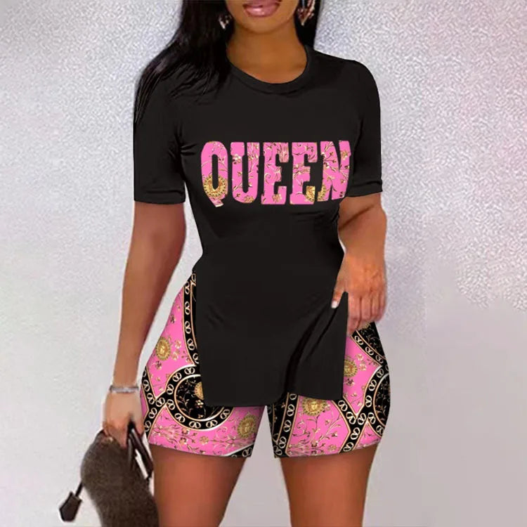 Conjunto Feminino Casual de Verão – T-Shirt Slim de Manga Curta + Shorts Estampados, Conjunto 2 Peças com Shorts Estreitos Estilo Leopardo