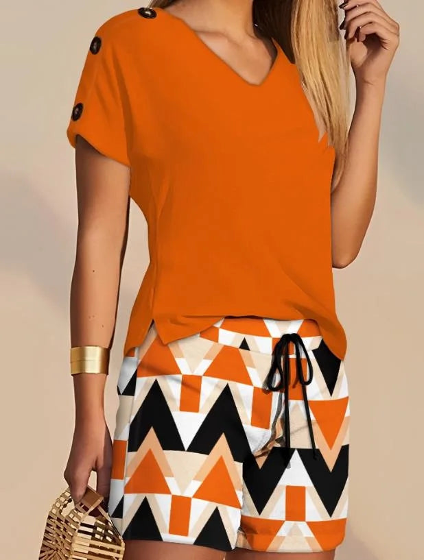 Conjunto Feminino 2 Peças 2025 – Top Assimétrico + Shorts Estampados