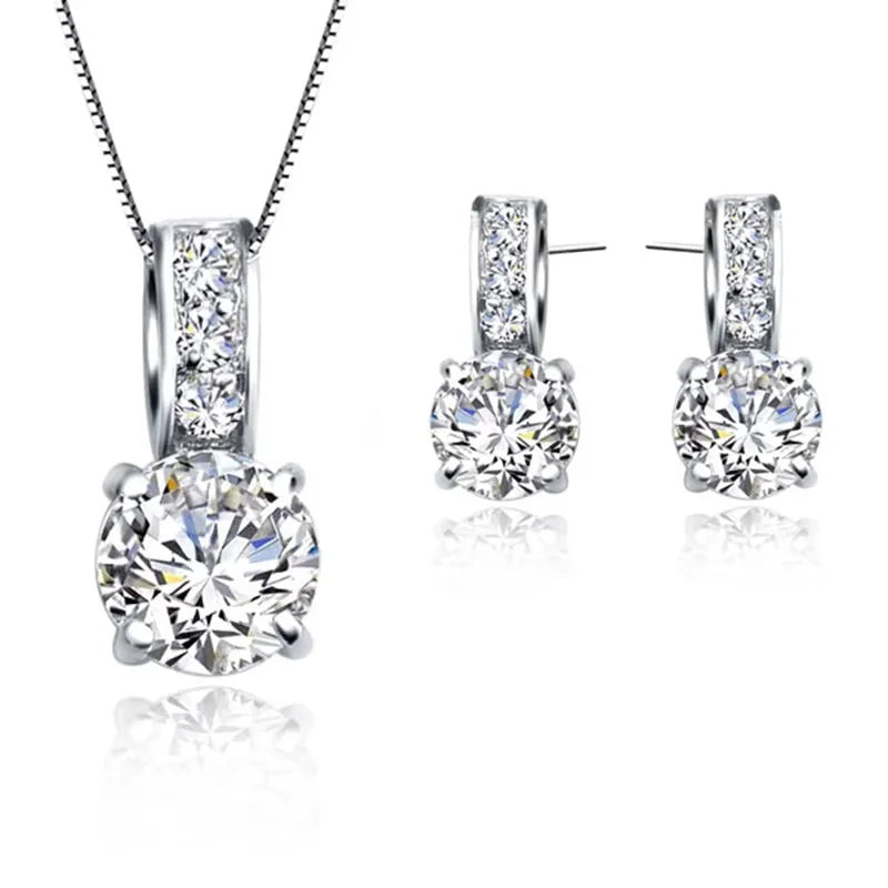 Conjunto de Joias Nupciais em Prata 925 – Colar com Pingente de Zircônia e Brincos de Pino