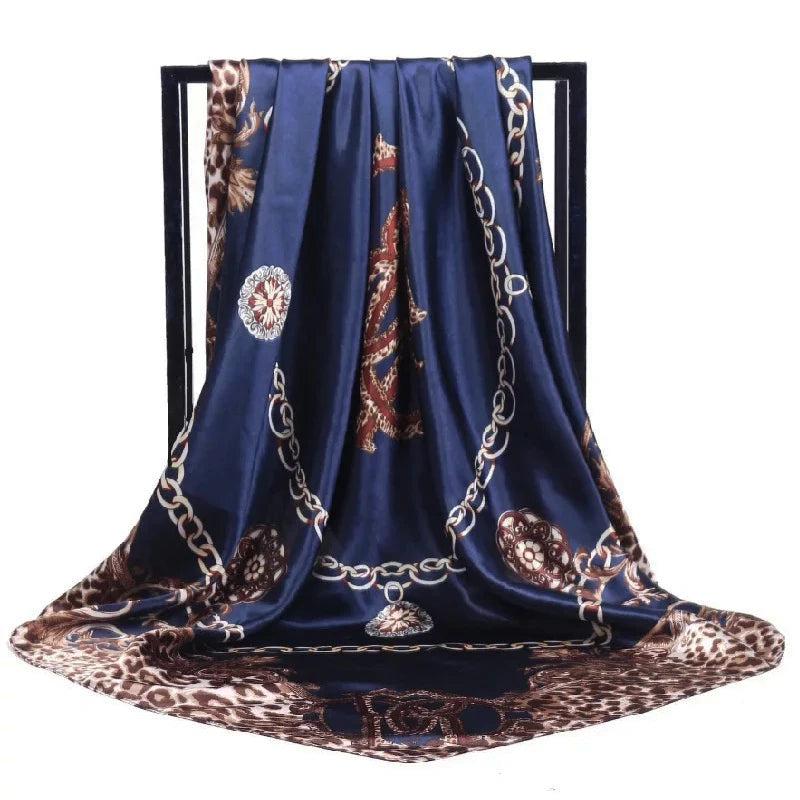 Lenço Quadrado Feminino 90x90cm – Cetim Toque de Seda, Estampado Fashion, Echarpe/Scarf/ Bandana de Luxo