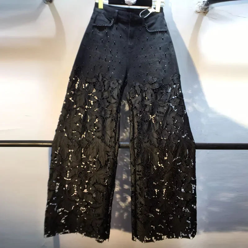 Calças Femininas de Verão 2025 – Jeans Patchwork com Bordado, Strass e Renda, Cintura Alta