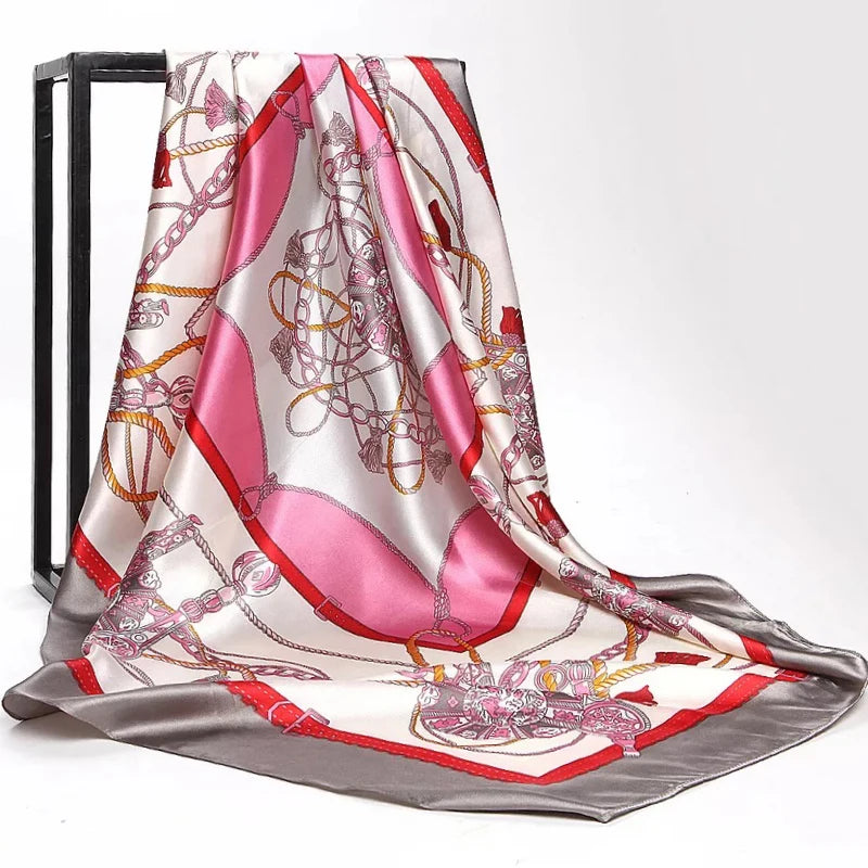 Lenço Quadrado Feminino 90x90cm – Cetim Toque de Seda, Estampado Fashion, Echarpe/Scarf/ Bandana de Luxo