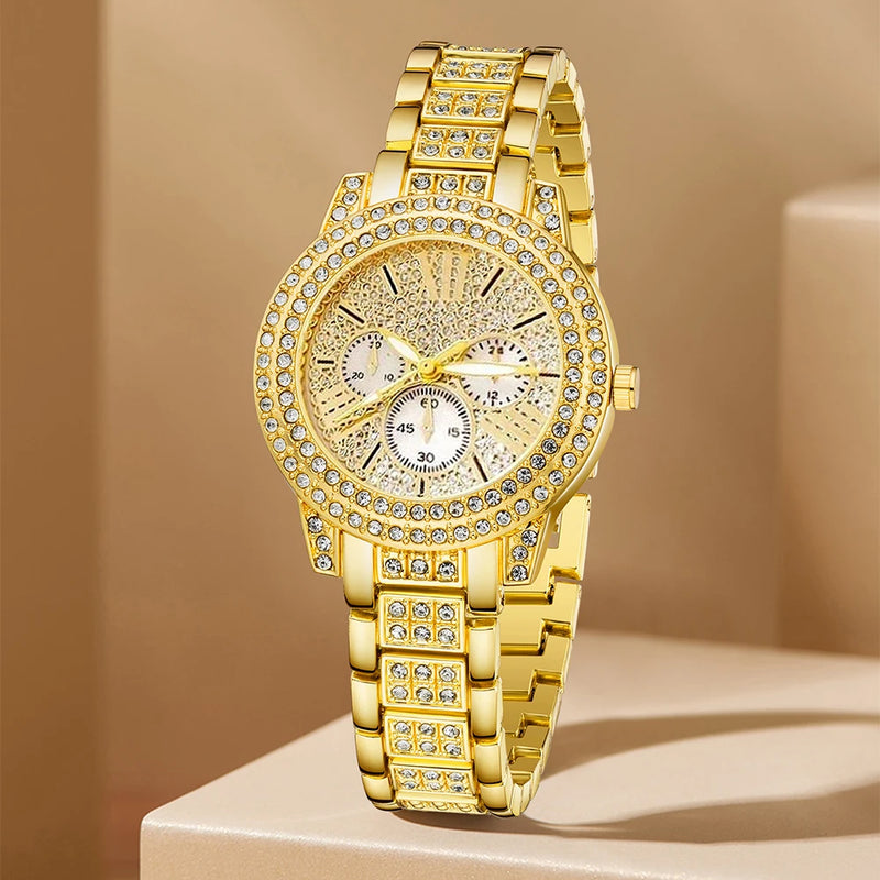 Conjunto feminino elegante, incluindo relógio de pulso, anel, colar e brincos, todos com detalhes em strass. Relógio com movimento quartz confiável e design fashion dourado, ideal para complementar looks casuais ou ocasiões especiais