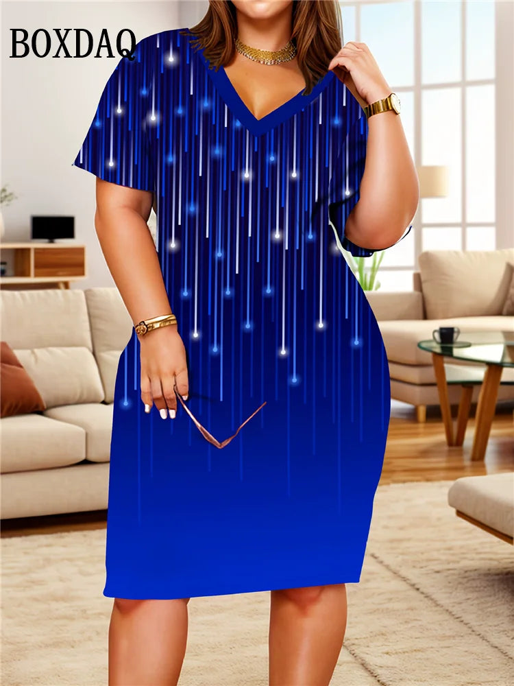 Vestido feminino leve e elegante, ideal para o verão. Com mangas curtas, decote em V e caimento solto, este vestido degrade combina conforto e estilo.