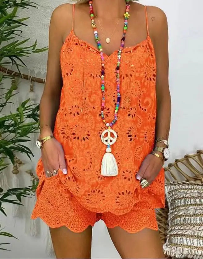 Conjunto Feminino Casual 2 Peças – Regata Bordada e Shorts com Babados