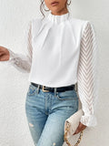 Autumn Elegant Ladies Office Shirt Tops Fashion Lace Long Sleeve T-Shirts Chiffon Shirts Casual Slim Mock Neck Blouse For Womens