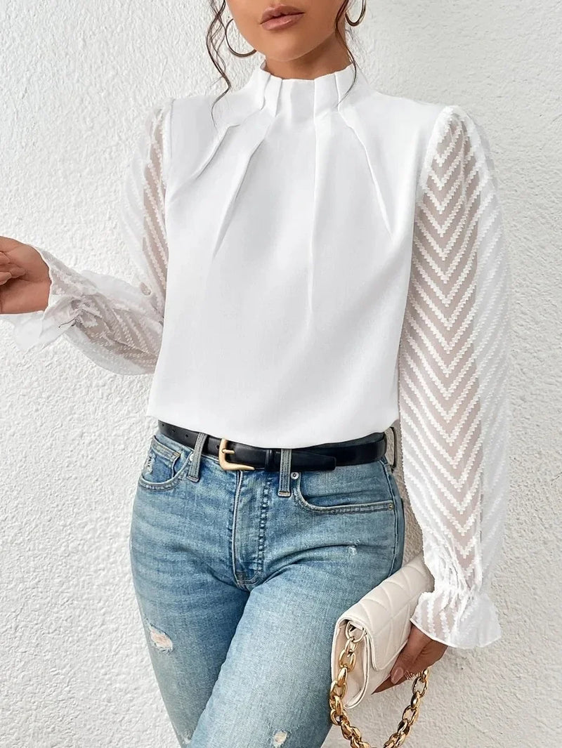 Autumn Elegant Ladies Office Shirt Tops Fashion Lace Long Sleeve T-Shirts Chiffon Shirts Casual Slim Mock Neck Blouse For Womens