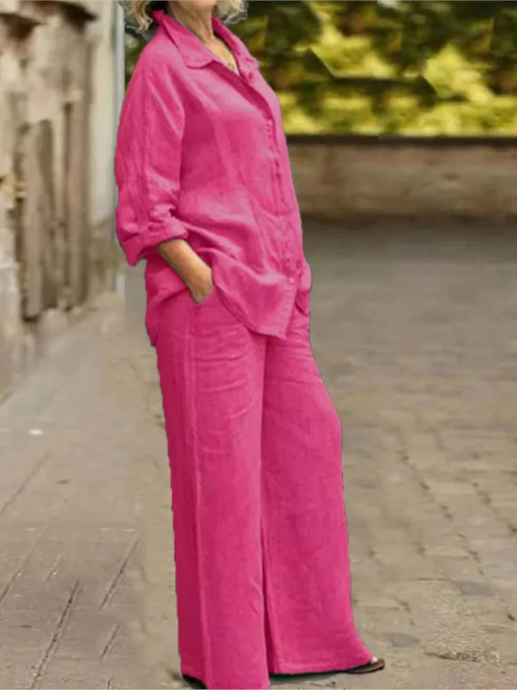 Conjunto Feminino de Algodão e Linho – Blusa de Manga Longa e Calça Pantalona Conjunto elegante e confortável para primavera e outono, composto por blusa de manga longa e calça de perna larga em algodão e linho