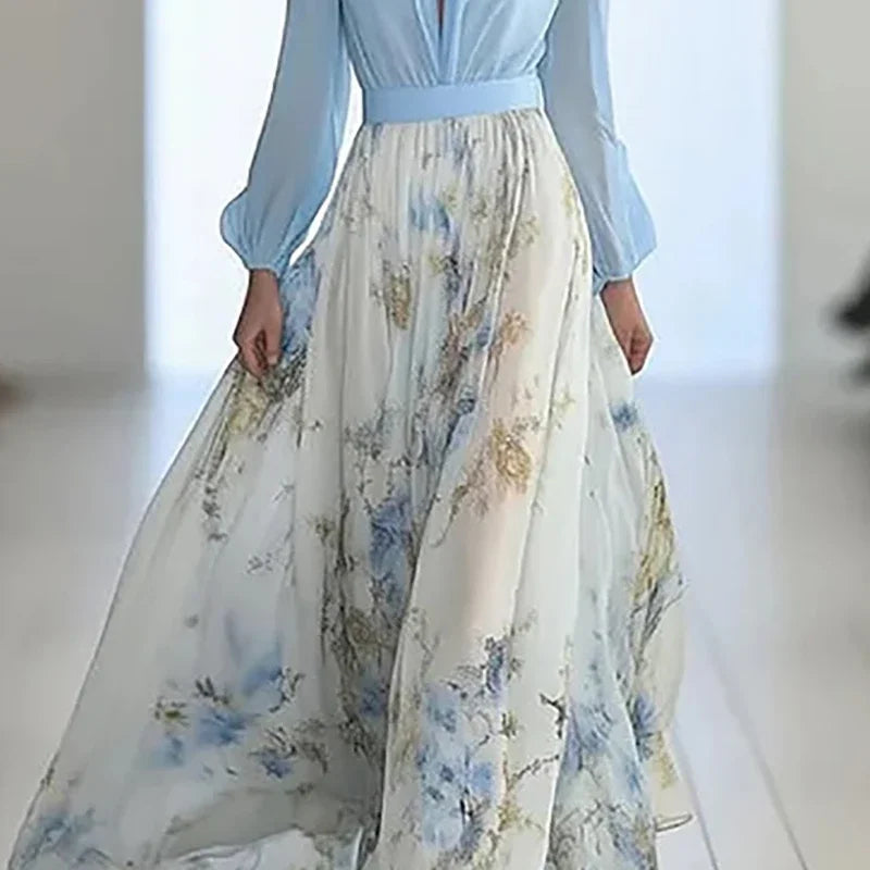 Vestido Feminino Boho – Estampa Floral, Patchwork, Decote Profundo, Manga Bufante