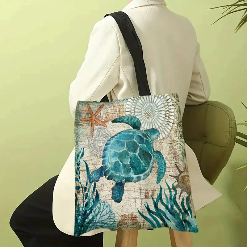 Bolsa Tote de Grande Capacidade – Estampa Tartaruga, Bolsa de Ombro para Viagem, Ecológica, em Linho, com Estampa para Mulheres