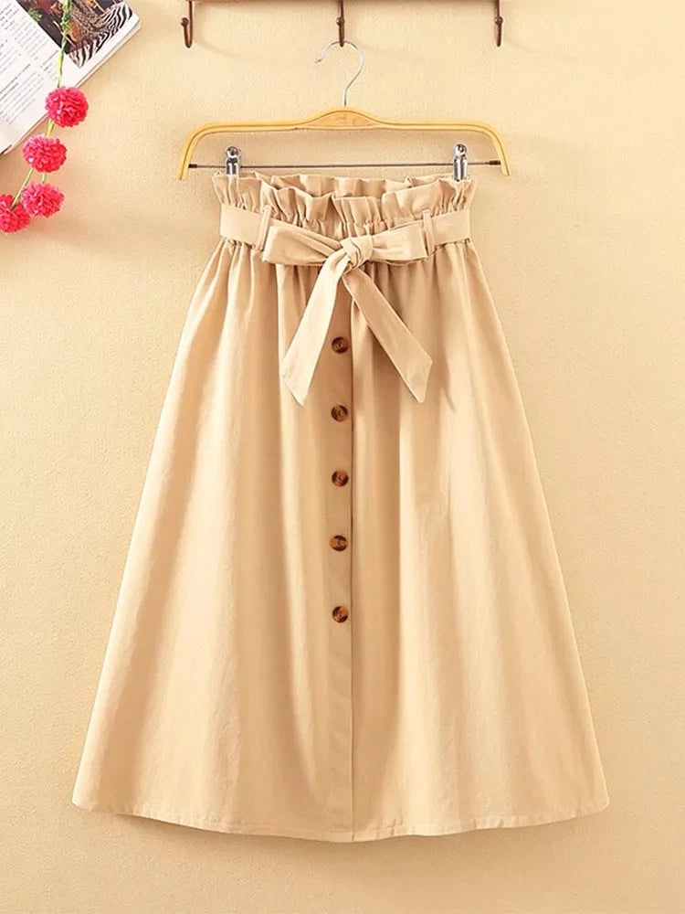 Saia Midi Feminina – Cintura Alta, Botões e Plissada Estilo Coreano