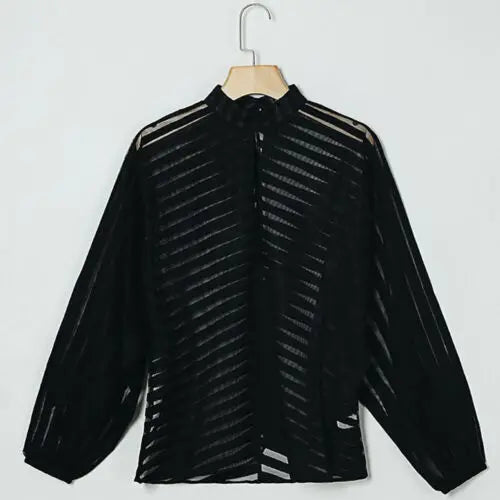 Blusa Feminina Preta – Transparente Listrada com Manga Longa