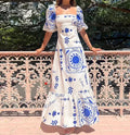 Vestido Feminino Estampado – Manga Curta Balão, Saída Grande, Decote Quadrado Elegante, Slim Fit, Saia Plissada em A-Line, Verão.
