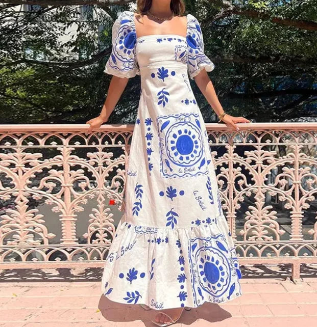 Vestido Feminino Estampado – Manga Curta Balão, Saída Grande, Decote Quadrado Elegante, Slim Fit, Saia Plissada em A-Line, Verão.
