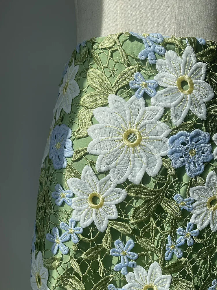 Saia Lápis Feminina JIAMI – Renda Bordada Floral, Verde, Comprimento ao Joelho, A-line, Vintage, Elegante
