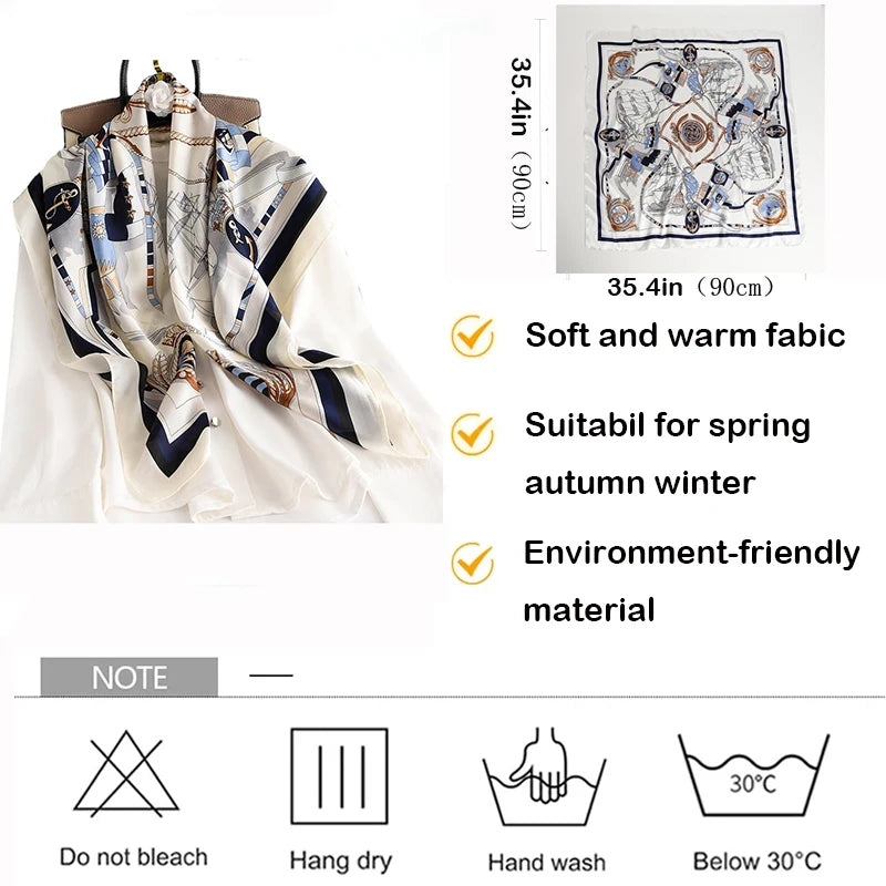 Lenço Quadrado Feminino 90x90cm – Estilo Luxo, Seda Imitada, Grande Shawl/Headband/Foulard/Bandana/Hijab