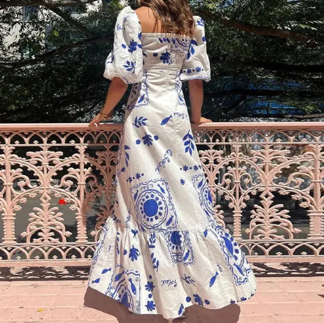 Vestido Feminino Estampado – Manga Curta Balão, Saída Grande, Decote Quadrado Elegante, Slim Fit, Saia Plissada em A-Line, Verão.