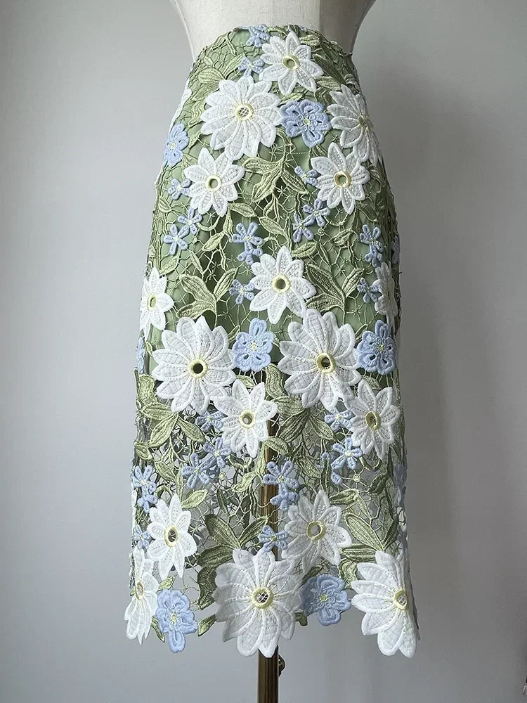 Saia Lápis Feminina JIAMI – Renda Bordada Floral, Verde, Comprimento ao Joelho, A-line, Vintage, Elegante