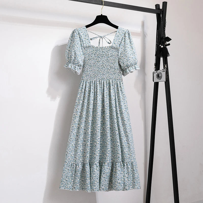 Vestido Feminino Primavera/Verão Chiffon Manga Curta Cintura Elástica A-Line Casual