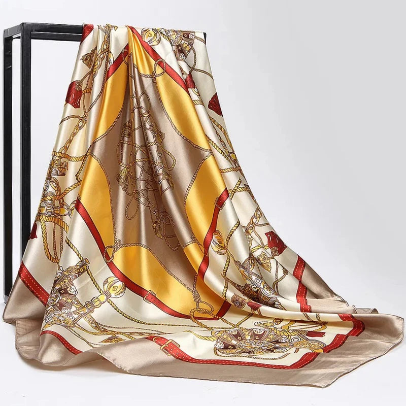 Lenço Quadrado Feminino 90x90cm – Cetim Toque de Seda, Estampado Fashion, Echarpe/Scarf/ Bandana de Luxo