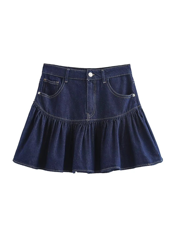 Saia Feminina Vintage de Outono 2024 – Casual, Alta Cintura, Slimming, Jeans com Efeito Puff