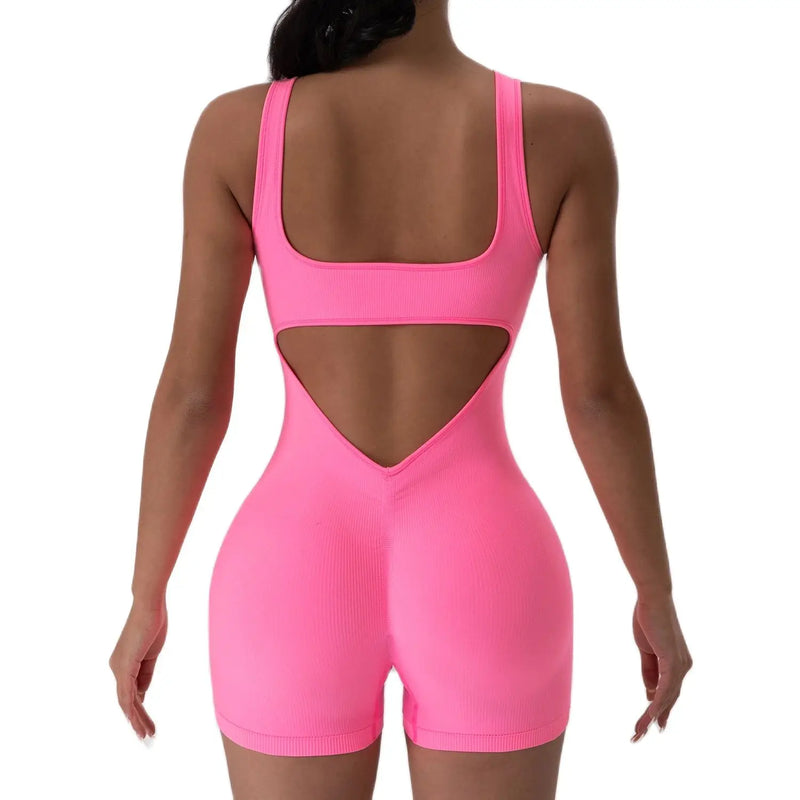 Macacão Fitness Feminino Sem Costas U-Neck – Yoga e Treino, Sem Bojo, Cor Lisa