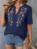 Blusa Feminina de Renda Bordada com Manga Curta – Decote V – Streetwear Floral Casual – Verão 2026