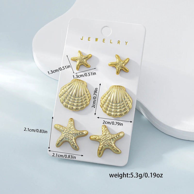 Conjunto de 6 Brincos Stud Estrela-do-Mar e Concha – Moda Verão, Jóias de Praia para Mulheres