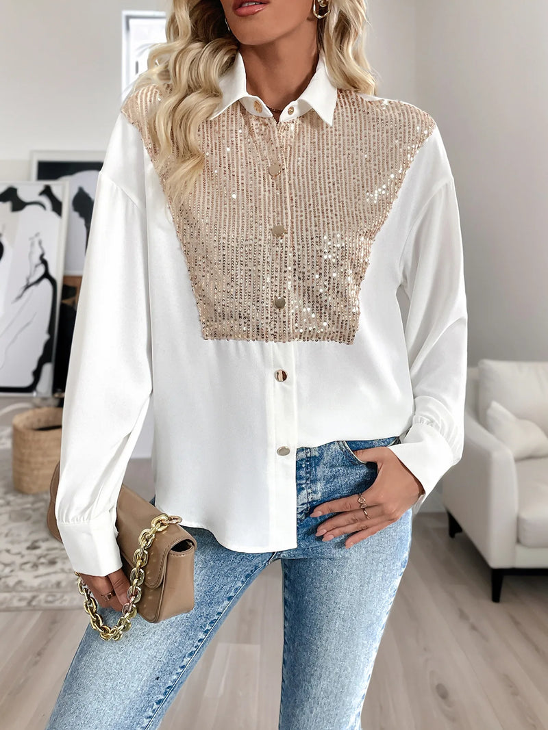 Blusa Feminina com Paetês – Manga Longa e Gola Tradicional