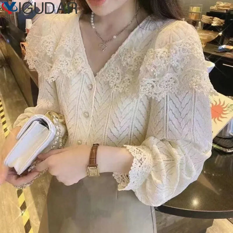 Blusa Feminina de Chiffon Estilo Francês Retrô – Floral, Renda e Manga Longa 2024  Estilo francês retrô, elegante e sofisticado  Tecido leve em chiffon com toque suave